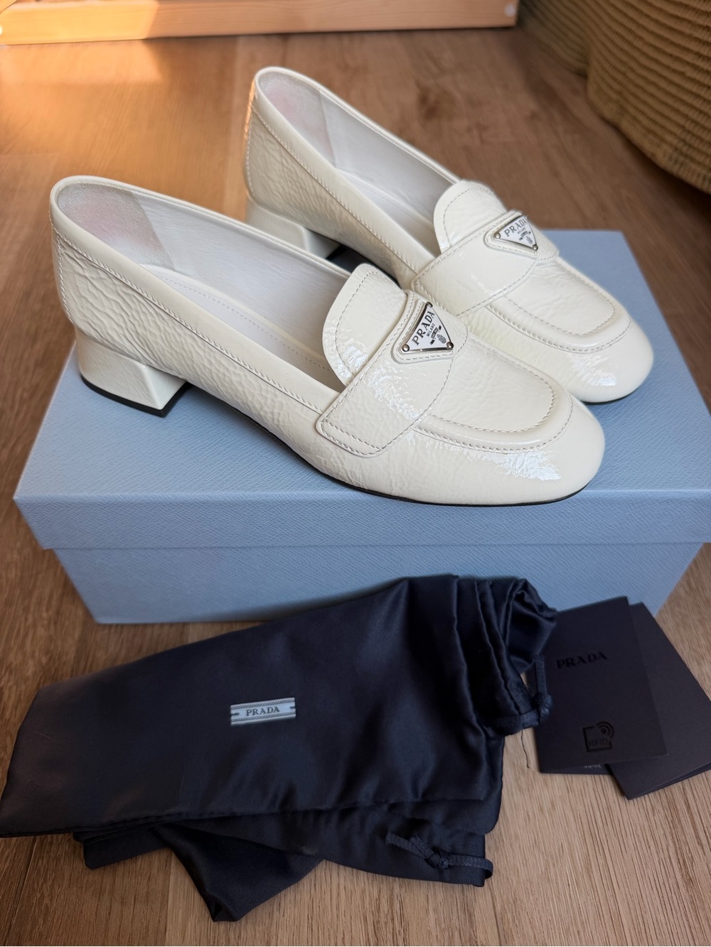 Prada White/Cream Patent Leather Kitten Block Heel Loafers